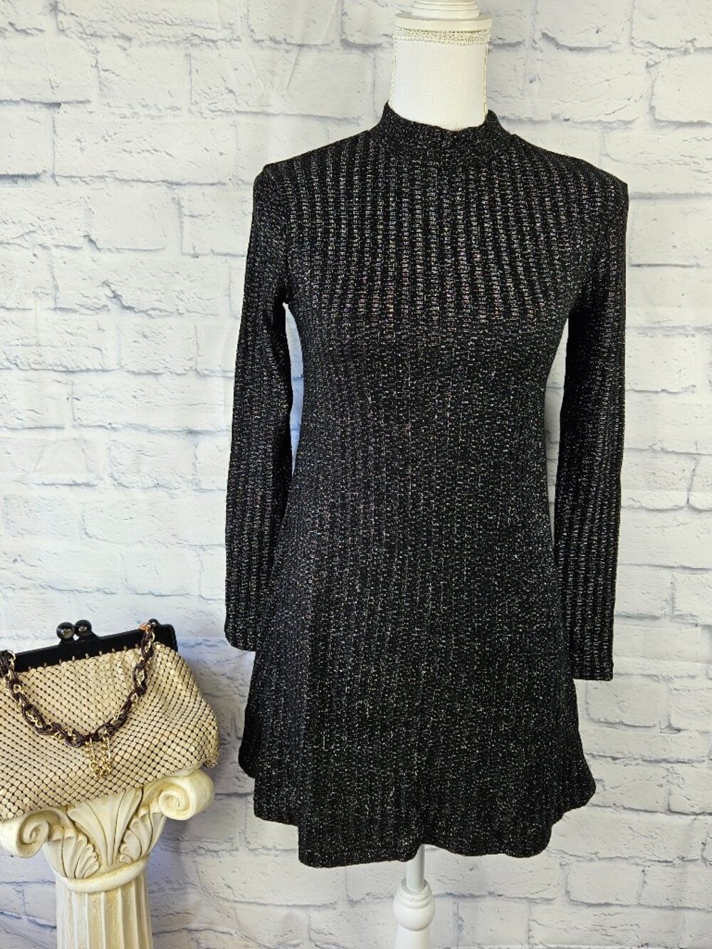 NWT Urban Outfitters Size XS Black/Silver Metallic Mock Neck Sweater Mini Dress